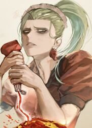  1girl a.b.a bags_under_eyes commentary_request disgust earrings food green_hair guilty_gear guilty_gear_strive highres jewelry ketchup looking_at_viewer omelet omurice parted_lips raised_inner_eyebrows red_shirt shirt solo takai_misa 