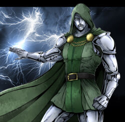1boy 2025 doctor_doom green_cape hood lightning male marvel marvel_cinematic_universe mask pixiv shiemasu thunder villain