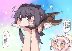  2girls ahoge black_hair blush character_request chibi closed_mouth dragon_girl dragon_horns dragon_tail dragon_wings dress green_eyes held_up highres horns in_palm kidian_(trickcal) lifting_person long_hair multiple_girls open_mouth out_of_frame outstretched_arm outstretched_hand pointy_ears ransusan reaching size_difference smile tail topknot translated trickcal twintails waving wings 