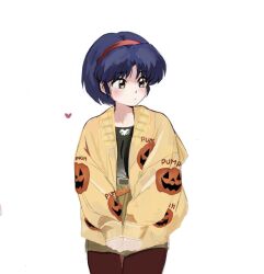  1girl blue_hair brown_eyes cardigan closed_mouth cowboy_shot hairband heart highres hn_wee jack-o'-lantern_print pale_skin ranma_1/2 red_hairband short_hair tendou_akane white_background yellow_cardigan 