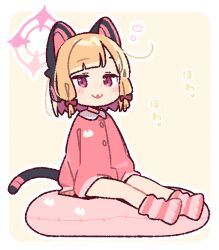  1girl :3 animal_ear_headphones animal_ears blonde_hair blue_archive blunt_bangs blush border bow buttons cat_ear_headphones cat_ears cat_tail commentary_request dot_nose fake_animal_ears full_body hair_bow halo headphones jaggy_lines long_sleeves looking_at_viewer mechanical_tail momoi_(blue_archive) no_shoes open_mouth outline pink_eyes pink_halo pink_shirt red_bow red_socks shirt short_hair simple_background sitting smile socks solo striped_clothes striped_socks tail white_border white_outline yoru_nai 