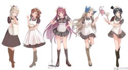  5girls apron asakaze_(kancolle) black_boots black_dress black_hair blonde_hair blue_bow blue_eyes blush book boots bow bowtie breasts broom brown_boots brown_dress brown_hair contrast_collar double-parted_bangs dress drill_hair drill_sidelocks duster finger_to_mouth frilled_apron frilled_headwear frills full_body green_eyes green_necktie hair_between_eyes hair_bow half-closed_eyes harukaze_(kancolle) hat hatakaze_(kancolle) headgear high_heel_boots high_heels highres holding holding_book holding_duster holding_spoon holding_towel kamikaze_(kancolle) kantai_collection knee_boots large_bow long_hair maid_apron maid_headdress matsukaze_(kancolle) medium_breasts medium_hair mini_hat multiple_girls neck_ribbon necktie open_mouth pink_bow pink_bowtie pleated_dress puffy_short_sleeves puffy_sleeves purple_hair red_bow red_eyes red_ribbon ribbon rug_beater sakiecho shamoji short_dress short_necktie short_sleeves shushing sidelocks simple_background smile spoon standing standing_on_one_leg swept_bangs tilted_headwear towel very_long_hair violet_eyes walking white_apron white_background yellow_bow yellow_bowtie 
