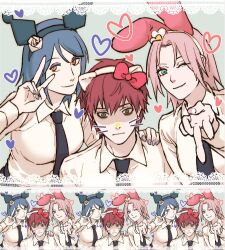  1boy 2girls alternate_universe animal_ear_hairband animal_ears black_hairband black_necktie blue_eyes blue_hair bow breasts cat_ear_hairband cat_ears commentary_request eyeshadow fake_animal_ears flower green_eyes gyaru_v gyogyo_hjj hair_flower hair_ornament hairband haruno_sakura heart hello_kitty hello_kitty_(character) highres konan_(naruto) korean_commentary kuromi makeup medium_breasts multiple_girls my_melody my_melody_(series) naruto_(series) naruto_shippuuden necktie one_eye_closed orange_eyes pink_hair purple_eyeshadow purple_nails rabbit_ear_hairband rabbit_ears red_bow red_hair sanrio sasori_(naruto) school_uniform v white_hairband 