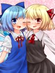  2girls ;d blonde_hair blouse blue_eyes blue_hair bow cirno hair_bow hair_ribbon multiple_girls namino. open_mouth red_eyes ribbon rumia short_hair simple_background smile touhou vest wings wink 