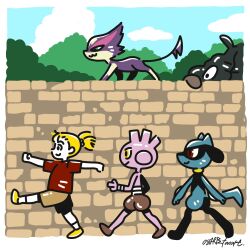  1girl :3 blonde_hair blue_sky border brick_wall brown_shorts child closed_mouth clouds commentary day english_commentary from_side full_body green_eyes highres official_artist_extra osare_graffiti outdoors peeking pokemon pokemon_team ponytail purrloin red_eyes red_shirt riolu shirt shoes short_sleeves shorts signature sky smile socks trubbish tyrogue walking white_border white_socks yellow_eyes yellow_shoes 
