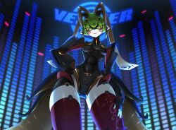  1girl bandaid bandaid_on_cheek bandaid_on_face black_sclera black_skin breasts bright_pupils character_name colored_sclera colored_skin commentary cowboy_shot earrings english_text from_below gold_earrings green_eyes green_pupils hand_on_own_hip hand_on_own_leg highres hoop_earrings humanoid_robot jewelry joints looking_at_viewer mechanical_ears metal_hair metal_skin multicolored_skin rati_(absoluteblue) robot robot_girl robot_joints small_breasts smile solo straight-on teeth thick_thighs thighs two-tone_skin upper_teeth_only vesper_(zenless_zone_zero) wide_hips zenless_zone_zero 