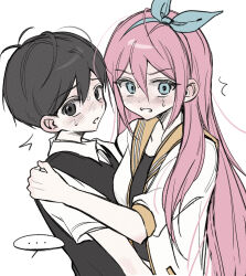  ... 1boy 1girl absurdres antenna_hair aubrey_(faraway)_(omori) aubrey_(omori) black_eyes black_hair black_sweater_vest blue_eyes blue_hairband blush bow_hairband breasts clenched_teeth collared_shirt commentary_request double-parted_bangs duplicate flat_color hair_between_eyes hairband hand_on_another's_shoulder highres jacket korean_commentary long_hair mixed-language_commentary omori open_clothes open_jacket parted_lips pink_hair shirt short-sleeved_jacket short_sleeves sidelocks simple_background sketch small_breasts speech_bubble spoken_ellipsis sunny_(omori) sweat sweater_vest teeth white_background white_jacket white_shirt wktdms1 