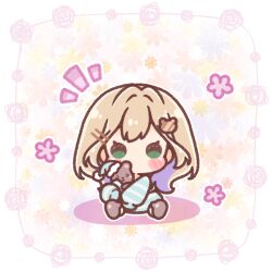  1girl bear_hair_ornament blue_hat blush_stickers brown_hair brown_slippers chibi colored_shadow commentary_request floral_background fur-trimmed_headwear fur_trim green_eyes hair_ornament hairclip hat highres jacket kurumi_noah long_sleeves looking_at_viewer mitarashi_neko multicolored_hair nightcap notice_lines puffy_long_sleeves puffy_sleeves purple_hair shadow sleeves_past_fingers sleeves_past_wrists slippers solo striped_clothes striped_jacket stuffed_animal stuffed_toy teddy_bear two-tone_hair virtual_youtuber vspo! white_background 