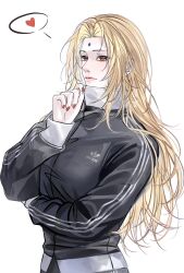  1girl black_jacket blonde_hair brown_eyes commentary_request facial_mark flak_jacket forehead_mark gym_uniform highres jacket long_hair mature_female naruto_(series) solo tsunade_(naruto) tytaoye1314 