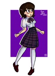 1girl 2019 bowtie brio_art brown_hair facebook hirose_haruka japanese left_4_dead left_4_dead_2 leggings outline purple_background school_uniform skirt white_border