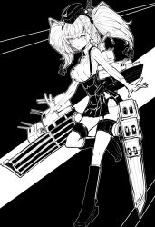  1girl anchor_hair_ornament atlanta_(kancolle) boushi-ya breasts commentary earrings garrison_cap gloves greyscale hair_between_eyes hair_ornament hat headgear highres jewelry kantai_collection large_breasts leg_up long_sleeves monochrome open_mouth rigging simple_background skirt solo star_(symbol) star_earrings suspender_skirt suspenders thigh_strap two_side_up 