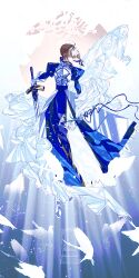  1girl ahoge aqua_eyes armor armored_boots artoria_pendragon_(fate) beak bird bird_wings blue_background blue_bow blue_dress boots bow braid braided_bun breastplate cape closed_mouth commentary_request debg0423 door dress excalibur_(fate/stay_night) fate/grand_order fate_(series) faulds feathered_wings floating_cape floating_hair flying full_armor full_body gauntlets gradient_background hair_between_eyes hair_bow hair_bun hand_up highres holding holding_sword holding_weapon huge_ahoge juliet_sleeves long_sleeves looking_down pigeon puffy_sleeves saber_(fate) short_hair sidelocks solo stairs standing sword two-tone_dress weapon white_armor white_background white_cape white_dress wings 