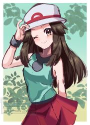  ;) absurdres bare_shoulders blue_shirt border brown_eyes brown_hair closed_mouth commentary_request cowboy_shot hat highres leaf_(pokemon) long_hair looking_at_viewer one_eye_closed outside_border pokemon pokemon_frlg red_skirt shirt skirt sleeveless sleeveless_shirt smile thealla1024 white_border white_hat wristband 