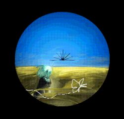  1other 404-chan_(22_0724) absurdres aqua_hair arm_support black_shirt blue_sky border bug butterfly clear_sky commentary crystal_hair dithering from_behind grass highres horizon houseki_no_kuni on_ground outdoors phosphophyllite pixel_art round_border shirt short_hair short_sleeves sitting sky untranslatable_commentary wide_shot 