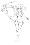  1girl animal_ears bikini breasts cat_ears lineart looking_at_viewer monochrome phantasy_star phantasy_star_online_2 short_hair sky_(freedom) smile solo swimsuit thighhighs weapon white white_background 
