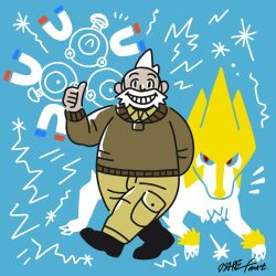  1boy aqua_background arm_behind_back beard black_shoes brown_sweater claws commentary english_commentary facial_hair full_body grin highres long_sleeves looking_at_viewer magnet magneton male_focus manectric mature_male notice_lines official_artist_extra one-eyed osare_graffiti pants pokemon pokemon_(creature) pokemon_rse red_eyes screw shoes short_hair signature smile sweater teeth thumbs_up walking wattson_(pokemon) white_hair yellow_pants 