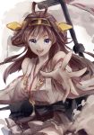  1girl ahoge bare_shoulders blue_eyes breasts brown_hair hairband japanese_clothes kantai_collection kongou_(kantai_collection) long_hair miko mizumochi_(1egend) open_mouth outstretched_hand smile solo 