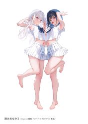  2girls absurdres armpits bare_shoulders barefoot black_hair blush breasts feet food fruit full_body hand_grab highres ichigo_(mignon) interlocked_fingers leg_up long_hair looking_at_viewer medium_hair mignon mouth_hold multiple_girls navel navel_peek original pleated_skirt red_eyes ribbon school_uniform shiro_(mignon) simple_background skirt sleeveless small_breasts strawberry toes violet_eyes white_hair 