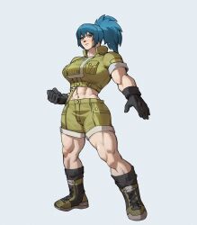  1girl abs absurdres black_gloves black_hair blue_eyes boots breasts collared_jacket combat_boots encariah gloves green_jacket green_shorts highres jacket leona_heidern midriff military_uniform muscular muscular_female navel shorts snk soldier solo suspenders the_king_of_fighters the_king_of_fighters_xv toned 