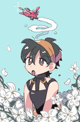  1boy :o absurdres aqua_background black_choker black_hair black_shirt brown_eyes choker commentary_request falling_petals flower glint hair_between_eyes hairband highres jojo_no_kimyou_na_bouken male_focus narancia_ghirga open_mouth orange_hairband petals sakeflake4 shirt sitting sleeveless sleeveless_shirt smoke smoke_trail solo toy_airplane trap upper_body vento_aureo white_flower white_petals 