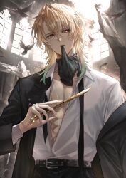  1boy absurdres alternate_costume biting biting_glove black_gloves black_jacket blonde_hair commentary_request gloves hair_between_eyes highres holding holding_scalpel indoors jacket looking_at_viewer luuk_herssen_(wuthering_waves) male_focus multicolored_hair red_eyes scalpel shirt single_off_shoulder solo streaked_hair toned toned_male unbuttoned unbuttoned_shirt upper_body white_shirt wuthering_waves yoru_shiki 