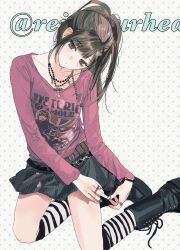  1girl blush boots full_body highres kneeling miroillm original ponytail simple_background skirt socks solo striped_clothes striped_socks 