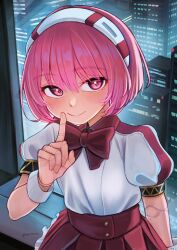 1girl belt black_trim blue_aura blush bow bowtie cityscape closed_mouth collar commentary dorothy_haze english_commentary finger_to_mouth frilled_skirt frills from_above gold_trim hair_between_eyes hairband hakai_no_ika highres looking_at_viewer night pink_eyes pink_hair pleated_skirt puffy_short_sleeves puffy_sleeves red_belt red_bow red_bowtie red_collar red_skirt red_sleeves robot_girl shirt shirt_tucked_in short_hair short_sleeves signature skirt smile solo swept_bangs upper_body va-11_hall-a vertical-striped_sleeves white_hairband white_shirt white_sleeves white_wrist_cuffs window wrist_cuffs 