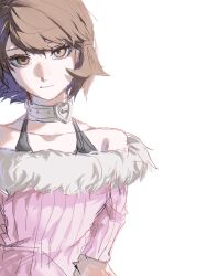  1girl alternate_costume bare_shoulders brown_eyes brown_hair choker closed_mouth collarbone commentary_request fur-trimmed_sweater fur_trim grey_choker grey_fur heart heart_choker highres looking_at_viewer miramintkurun off-shoulder_sweater off_shoulder official_alternate_costume persona persona_3 pink_sweater short_hair simple_background solo sweater takeba_yukari upper_body white_background white_choker 