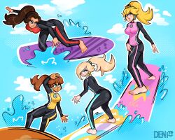  4girls barefoot blonde_hair blue_eyes bodysuit breasts brooch brown_hair clouds commentary crown dark-skinned_female dark_skin day deniitd diving_suit earrings english_commentary feet flower_brooch flower_earrings freckles gold_earrings hair_over_one_eye highres jewelry long_hair long_sleeves multiple_girls outdoors pauline_(mario) ponytail princess_daisy princess_peach rosalina sphere_earrings star_(symbol) star_earrings super_mario_bros. surfboard toes wetsuit 