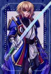  1boy blazblue blonde_hair cowboy_shot crossed_bangs double-parted_bangs english_text gloves green_eyes hair_between_eyes high_collar highres holding holding_sword holding_weapon jin_kisaragi looking_at_viewer male_focus military military_uniform ni_ks1 parted_lips patterned_background short_hair solo sword watermark weapon white_gloves 