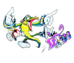  3boys antennae black_boots boots charmy_bee colored_skin crocodile_boy espio_the_chameleon furry furry_male furry_with_non-furry gloves green_skin headphones interspecies multiple_boys open_mouth pointing purple_boots purple_skin signature simple_background sonic_(series) tail to_the_maxio vector_the_crocodile white_background white_gloves 