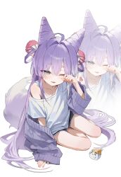  030_bv 1girl ;3 absurdres ahoge bare_legs black_shorts blue_eyes blush bow commentary_request cone_hair_bun dolphin_shorts dot_nose fang fluffy_tail fox_girl fox_tail full_body hair_between_eyes hair_bow hair_bun hair_intakes hair_ornament hair_rings half-closed_eye heart highres inari_(tenko_shibuki) jacket korean_commentary long_sleeves looking_at_viewer multicolored_hair off_shoulder one_eye_closed petite pom_pom_(clothes) pom_pom_hair_ornament purple_hair purple_jacket purple_tail rubbing_eyes seiza shirt shorts simple_background single_bare_shoulder single_off_shoulder sitting sleeves_past_wrists smile solo stellive strap streaked_hair tail tenko_shibuki thighs tongue two-tone_tail virtual_youtuber white_background white_shirt white_streaks zoom_layer 