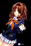 1girl black_background blush bow brown_hair iron_(huyiyang) looking_at_viewer miniskirt simple_background skirt smile solo 
