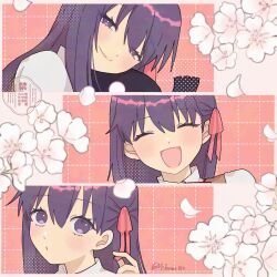  1girl artist_name blush bow bowtie brown_vest checkered_background closed_eyes closed_mouth collared_shirt commentary_request fate/extra fate/stay_night fate_(series) flower hair_between_eyes half-closed_eyes hand_up highres long_hair looking_at_viewer matou_sakura matou_sakura_(fate/extra) multiple_views open_mouth petals pink_background pink_ribbon purple_hair red_bow red_bowtie ribbon shirt smile upper_body vest violet_eyes watermark white_flower white_shirt 