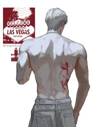  1boy arm_up artist_name back back_tattoo cowboy_shot denim earrings english_text faceless faxparduo from_behind grey_hair grey_pants highres jeans jewelry las_vegas looking_to_the_side male_focus muscular necklace no_shirt original pants red_tattoo short_hair single_earring solo tattoo toned toned_male topless_male watermark white_background 