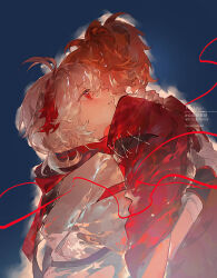  2boys antenna_hair artist_name bandaged_arm bandaged_hand bandages belt black_belt blue_background blush commentary_request covered_face fingernails from_side genshin_impact hair_between_eyes hands_on_another's_back high_ponytail highres hug japanese_clothes kaedehara_kazuha kazuha's_friend_(genshin_impact) kimono long_hair long_sleeves looking_afar low_ponytail male_focus multicolored_hair multiple_boys orange_hair ponytail red_eyes red_hair red_kimono red_scarf scarf short_hair short_ponytail short_sleeves simple_background streaked_hair string string_of_fate teeth upper_body white_hair white_kimono wide_sleeves youlili 