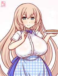  1girl alternate_costume apron artist_logo blonde_hair blue_apron blue_bow blue_bowtie blue_eyes blush bow bowtie bread bread_slice breasts cowboy_shot dated food gingham_apron gingham_clothes hair_between_eyes high-waist_skirt kanon_(kurogane_knights) kantai_collection kobeya_uniform large_breasts logo long_hair looking_at_viewer one-hour_drawing_challenge plate pleated_shirt shirt short_sleeves skirt smile solo victorious_(kancolle) waitress white_background white_shirt 