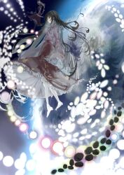  2girls absurdres barefoot bow_(weapon) braid brown_hair danmaku earth_(planet) frilled_skirt frilled_sleeves frills grey_hair highres holding holding_bow_(weapon) holding_weapon houraisan_kaguya long_hair long_sleeves multiple_girls pink_shirt planet red_skirt sesmkun shirt single_braid skirt solo_focus space toes touhou very_long_hair weapon wide_sleeves yagokoro_eirin 