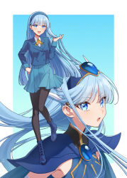  1girl :d armor black_pantyhose blue_eyes blue_hair blue_hairband blunt_bangs blunt_ends boots border brooch dotted_background floating_hair full_body gradient_background hairband hand_on_own_hip highres jewelry long_hair long_sleeves looking_at_viewer magic_knight_rayearth masami_(souzou_jinsei_sanka) neckerchief open_mouth pantyhose patterned_background ryuuzaki_umi school_uniform shoulder_armor simple_background skirt smile solo two-tone_background white_border yellow_neckerchief 