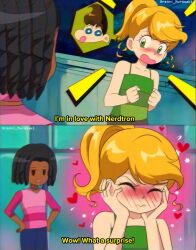  1990s_(style) 2girls blonde_hair brenni_murasaki cindy_vortex closed_mouth collared_shirt dark-skinned_female dark_skin dreadlocks highres jimmy_neutron_(series) libby_folfax looking_at_viewer multiple_girls open_mouth parody ponytail retro_artstyle scenery scooby-doo shirt short_hair sleeveless smile 