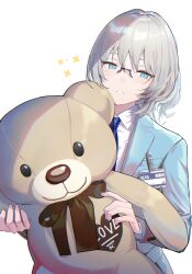  1girl alva_(girls'_frontline_2) an-94_(antje)_(girls'_frontline) an-94_(girls'_frontline) aqua_eyes aqua_jacket blue_necktie collared_shirt commentary dress_shirt english_commentary girls'_frontline_2:_exilium girls_frontline grey_hair half-closed_eyes holding holding_stuffed_toy jacket lapels light_smile looking_at_viewer medium_hair name_tag necktie niac notched_lapels rimless_eyewear round_eyewear shirt sidelighting simple_background solo star_(symbol) straight-on stuffed_animal stuffed_toy suit suit_jacket teddy_bear upper_body white_background white_shirt 