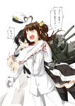  2girls black_legwear boots brown_hair detached_sleeves female_admiral_(kantai_collection) heart heart_hair heart_in_mouth highres hug hug_from_behind kantai_collection kongou_(kantai_collection) multiple_girls niwatazumi nontraditional_miko pleated_skirt skirt thigh-highs thigh_boots translated zettai_ryouiki 
