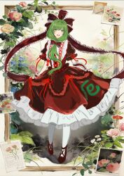  1girl bow chinese_commentary clothes_lift dress dress_lift flower frilled_dress frills front_ponytail green_eyes green_hair hinamatsuri kagiyama_hina looking_at_viewer open_mouth pants photo_(object) red_bow red_dress red_ribbon ribbon solo tagme touhou white_pants wuming_de_xiaoyan 