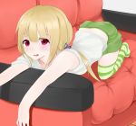  1girl blush couch looking_at_viewer open_mouth ratsuku_kinoko solo striped striped_legwear thigh-highs violet_eyes 