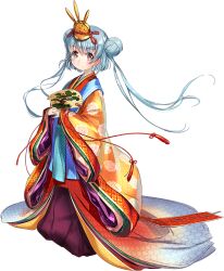  1girl blue_hair brown_eyes double_bun folding_fan full_body hair_bun hand_fan hina_ningyou hirabitai holding holding_fan japanese_clothes kantai_collection karaginu_mo kimono layered_kimono long_hair official_alternate_costume official_art samuel_b._roberts_(hinamatsuri)_(kancolle) samuel_b._roberts_(kancolle) samuel_b._roberts_mk_ii_(kancolle) smile solo standing third-party_source transparent_background twintails zeco 