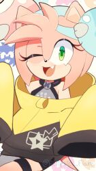  1girl ;d amy_rose animal_nose asymmetrical_legwear bare_shoulders black_jacket character_background character_hair_ornament commentary cosplay cowboy_shot eclipxare english_commentary fang furry furry_female green_eyes grey_pantyhose hair_ornament hedgehog_girl highres iono_(pokemon) iono_(pokemon)_(cosplay) jacket legs_together light_blush long_sleeves looking_at_viewer magnemite multicolored_jacket one_eye_closed open_mouth oversized_jacket pantyhose pink_fur pixiv_username pokemon pokemon_(creature) pokemon_sv single_leg_pantyhose sleeves_past_fingers sleeves_past_wrists smile solo sonic_(series) thigh_strap two-tone_jacket white_background yellow_jacket 