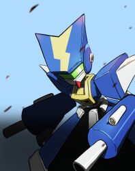  arm_mounted_weapon armor assault_visor blue_armor blue_background blue_helmet cannon commentary_request cyandog green_visor helmet highres humanoid_robot mask medarot medarot_1 no_humans robot science_fiction solo trickerxg250 