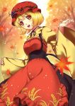  1girl aki_minoriko autumn_leaves blush breasts choker dress food fruit grapes hat highres leaf long_sleeves looking_at_viewer maple_leaf nonbei open_mouth orange_eyes short_hair smile solo touhou wide_sleeves 