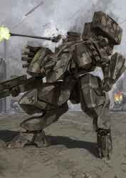  autocannon black_smoke camouflage cannon desert_camouflage fire firing gun highres holding holding_gun holding_weapon mecha military missile_pod no_humans original outdoors reverse-jointed_legs robot science_fiction smoke tyokugekidato weapon 