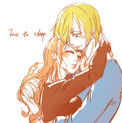  1boy 1girl blue_shirt blush closed_eyes commentary_request curly_eyebrows facial_hair goatee hug listen84571772 long_hair long_sleeves mustache nami_(one_piece) one_piece sanji_(one_piece) shirt short_hair simple_background smile white_background 